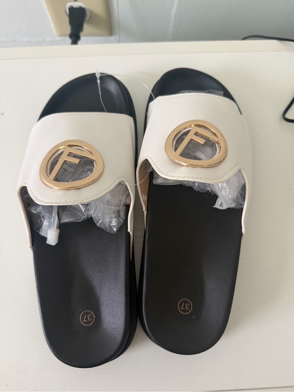 Women's White Slide Sandals with Gold Accent